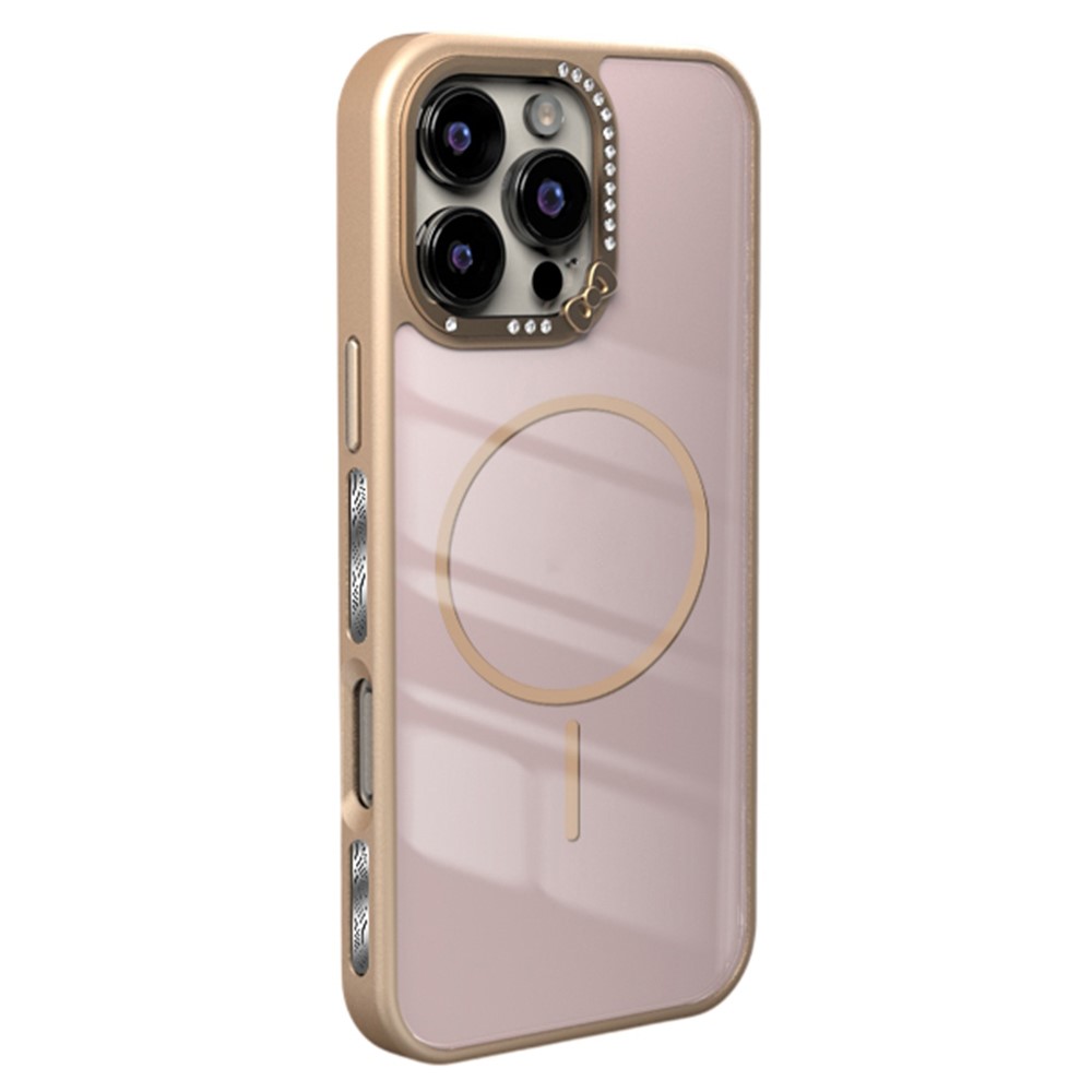 For iPhone 16 Pro Max Case Compatible with MagSafe Bow Rhinestone TPU + Acrylic Phone Back Cover - Desert Gold