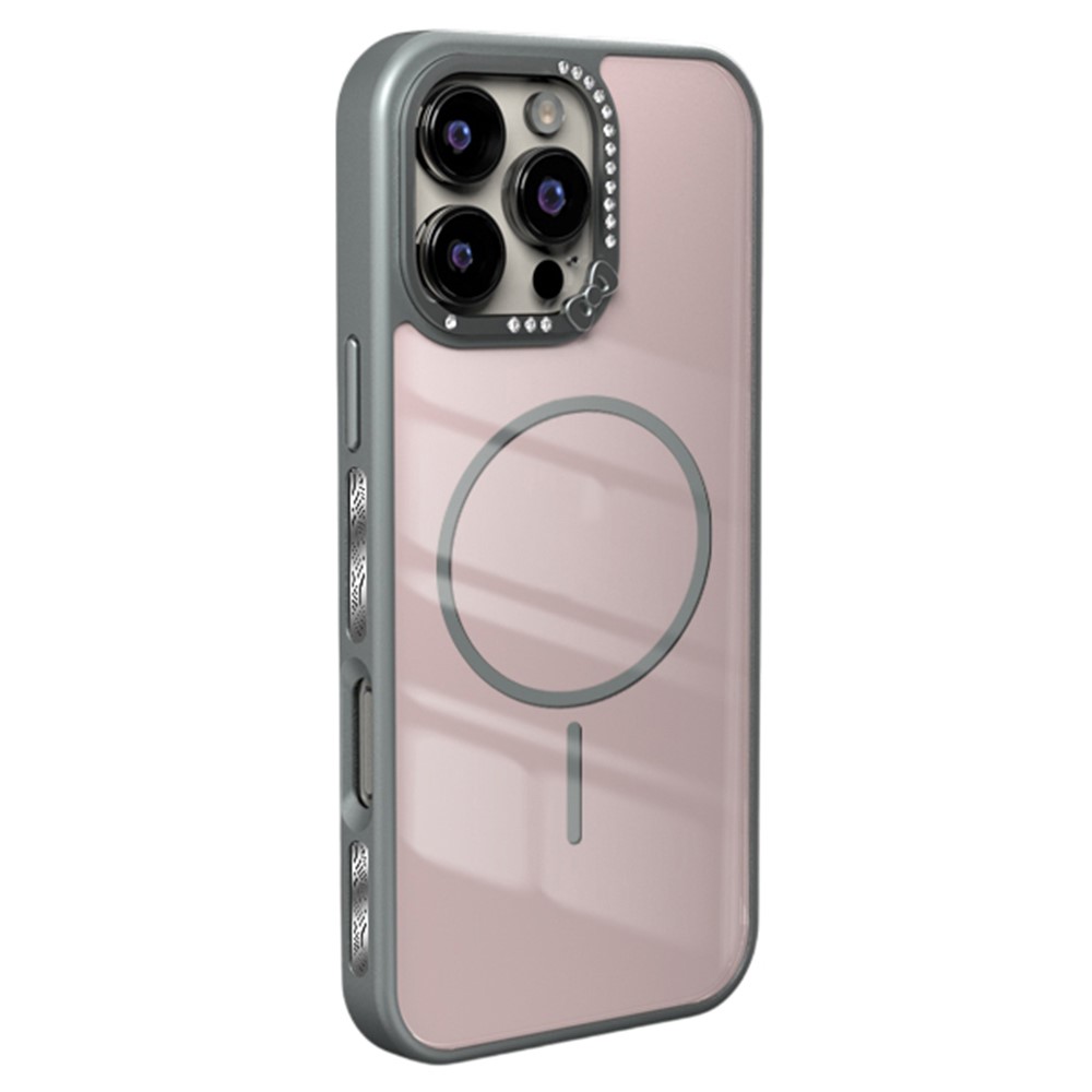 For iPhone 16 Pro Max Case Compatible with MagSafe Bow Rhinestone TPU + Acrylic Phone Back Cover - Titanium Grey