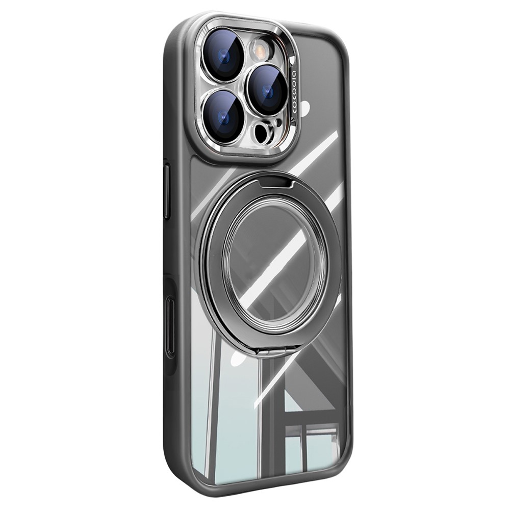 For iPhone 16 Pro Max Case Magnetic Rotating Kickstand PC + TPU Phone Cover with Detachable Camera Lens Film - Grey