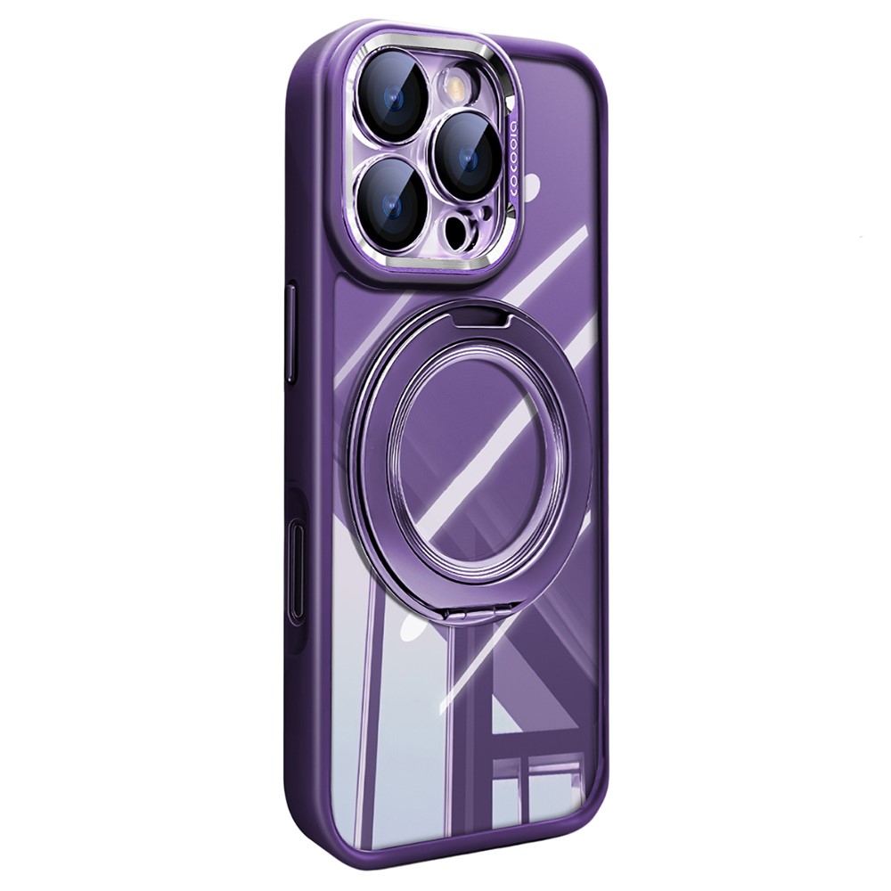For iPhone 16 Pro Max Case Magnetic Rotating Kickstand PC + TPU Phone Cover with Detachable Camera Lens Film - Purple