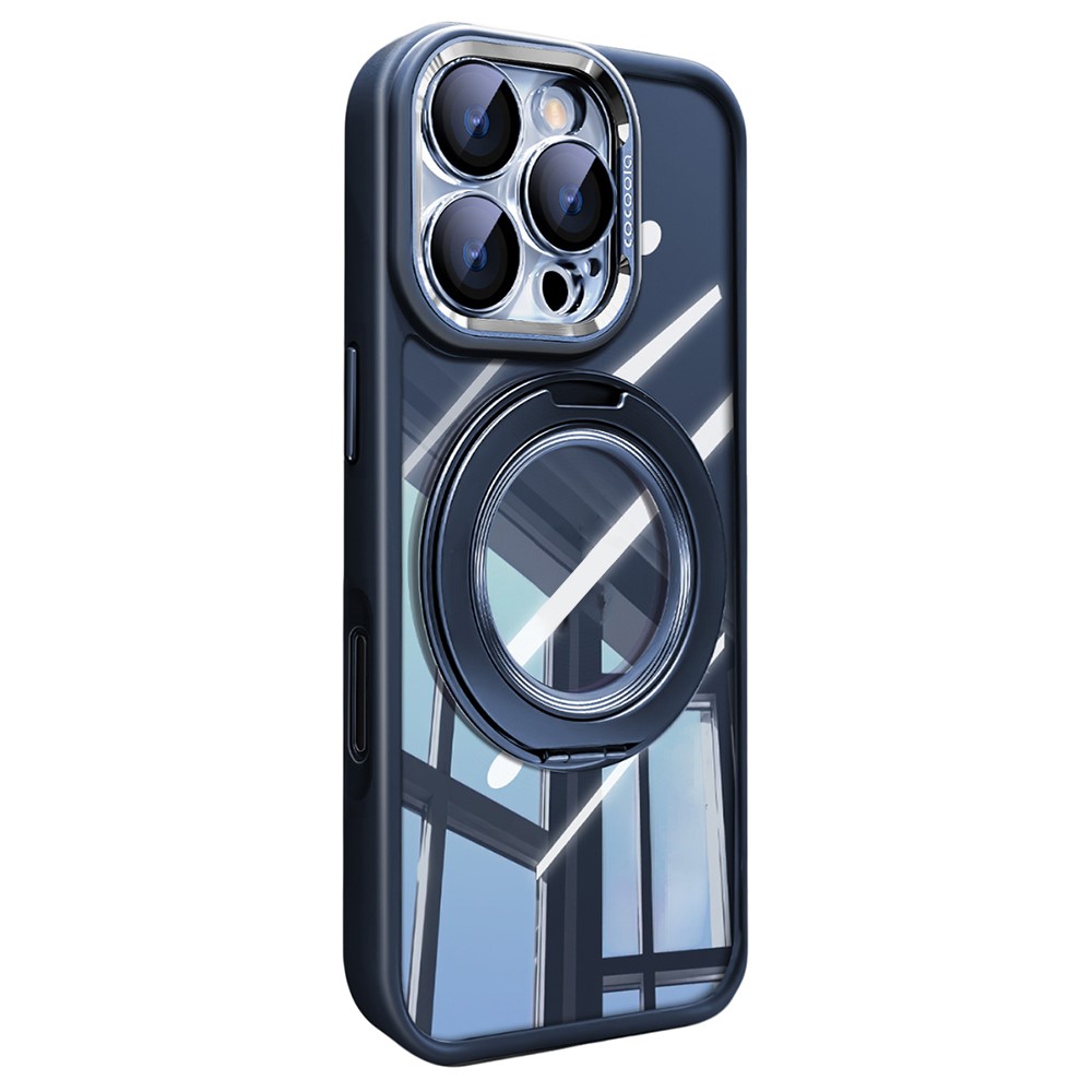 For iPhone 16 Pro Max Case Magnetic Rotating Kickstand PC + TPU Phone Cover with Detachable Camera Lens Film - Dark Blue