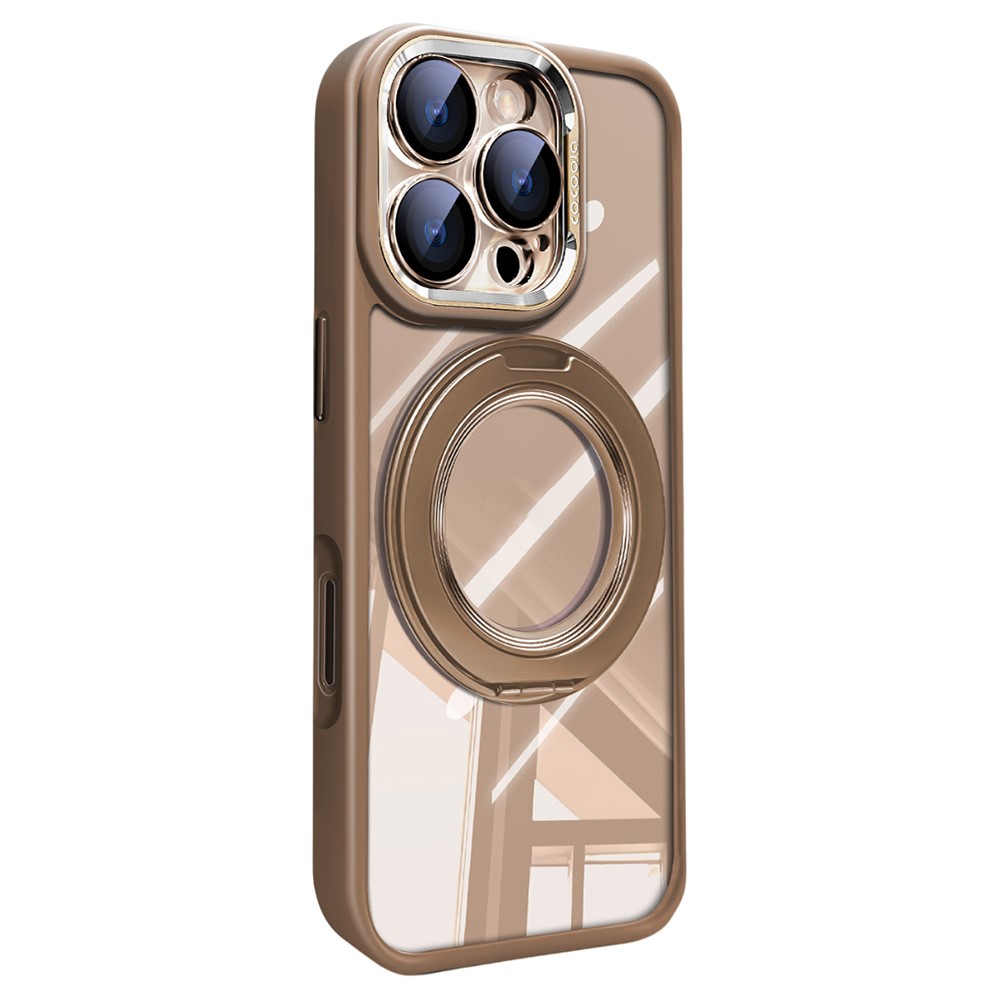 For iPhone 16 Pro Max Case Magnetic Rotating Kickstand PC + TPU Phone Cover with Detachable Camera Lens Film - Titanium Gold