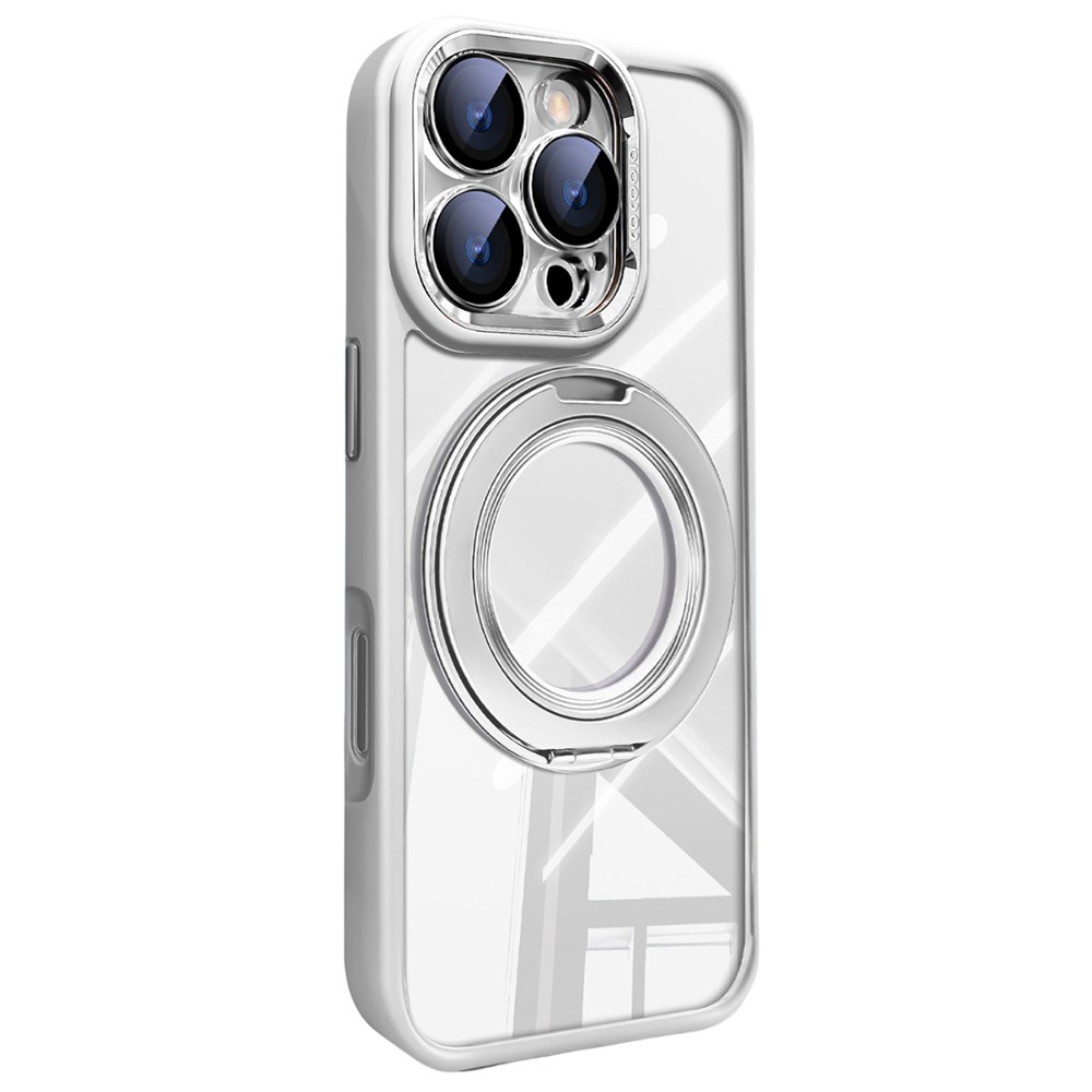 For iPhone 16 Pro Max Case Magnetic Rotating Kickstand PC + TPU Phone Cover with Detachable Camera Lens Film - White