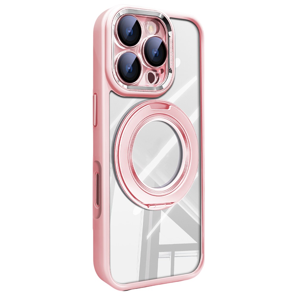 For iPhone 16 Pro Max Case Magnetic Rotating Kickstand PC + TPU Phone Cover with Detachable Camera Lens Film - Pink