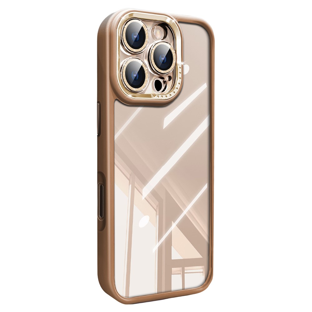 For iPhone 16 Pro Max Case PC + TPU Clear Phone Cover with Glitter Camera Lens Film - Titanium Gold
