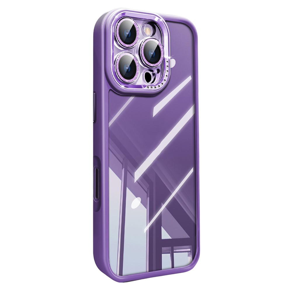 For iPhone 16 Pro Max Case PC + TPU Clear Phone Cover with Glitter Camera Lens Film - Purple