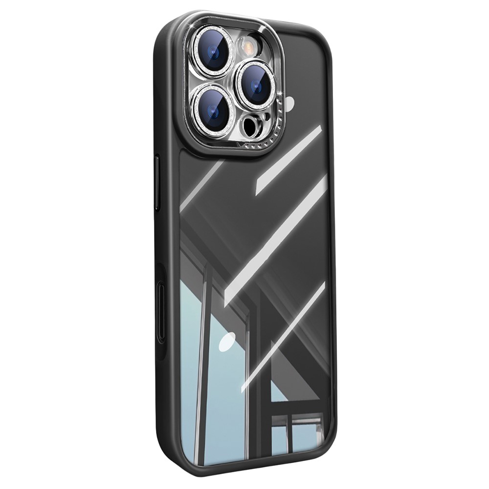 For iPhone 16 Pro Max Case PC + TPU Clear Phone Cover with Glitter Camera Lens Film - Black