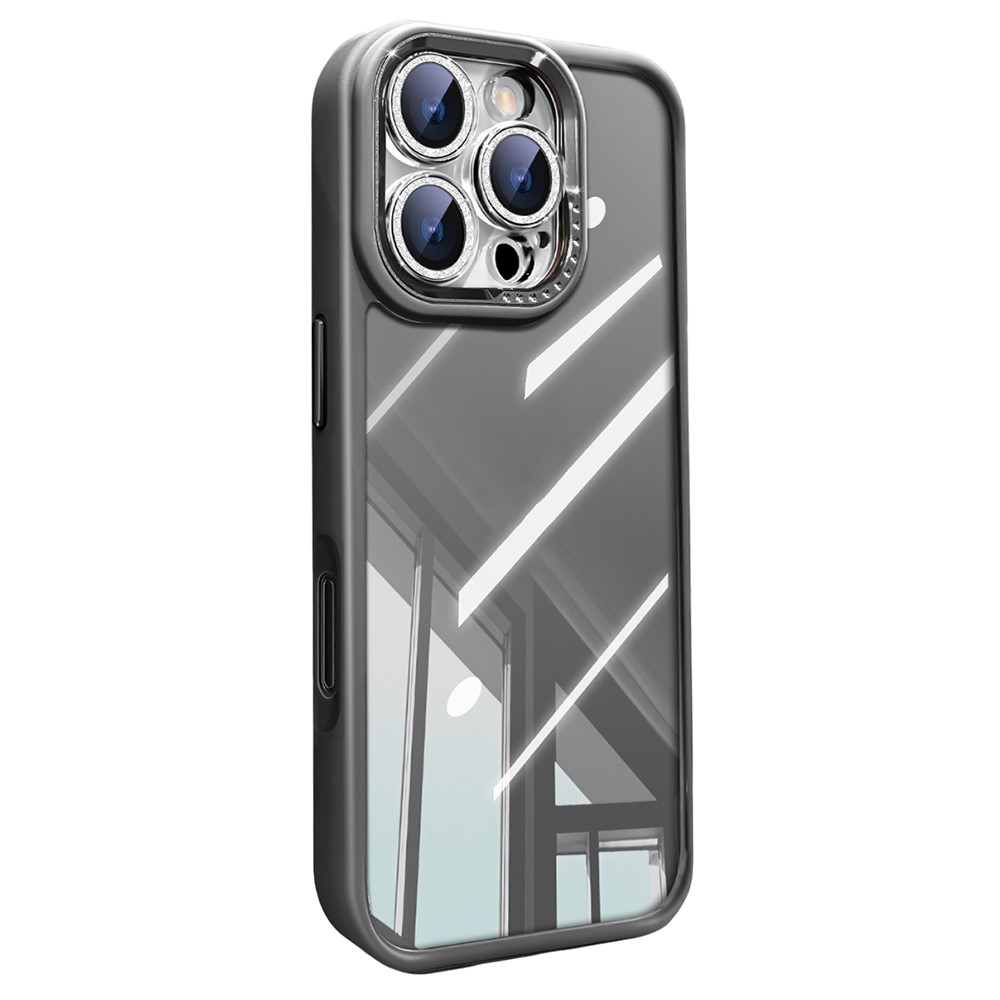 For iPhone 16 Pro Max Case PC + TPU Clear Phone Cover with Glitter Camera Lens Film - Grey