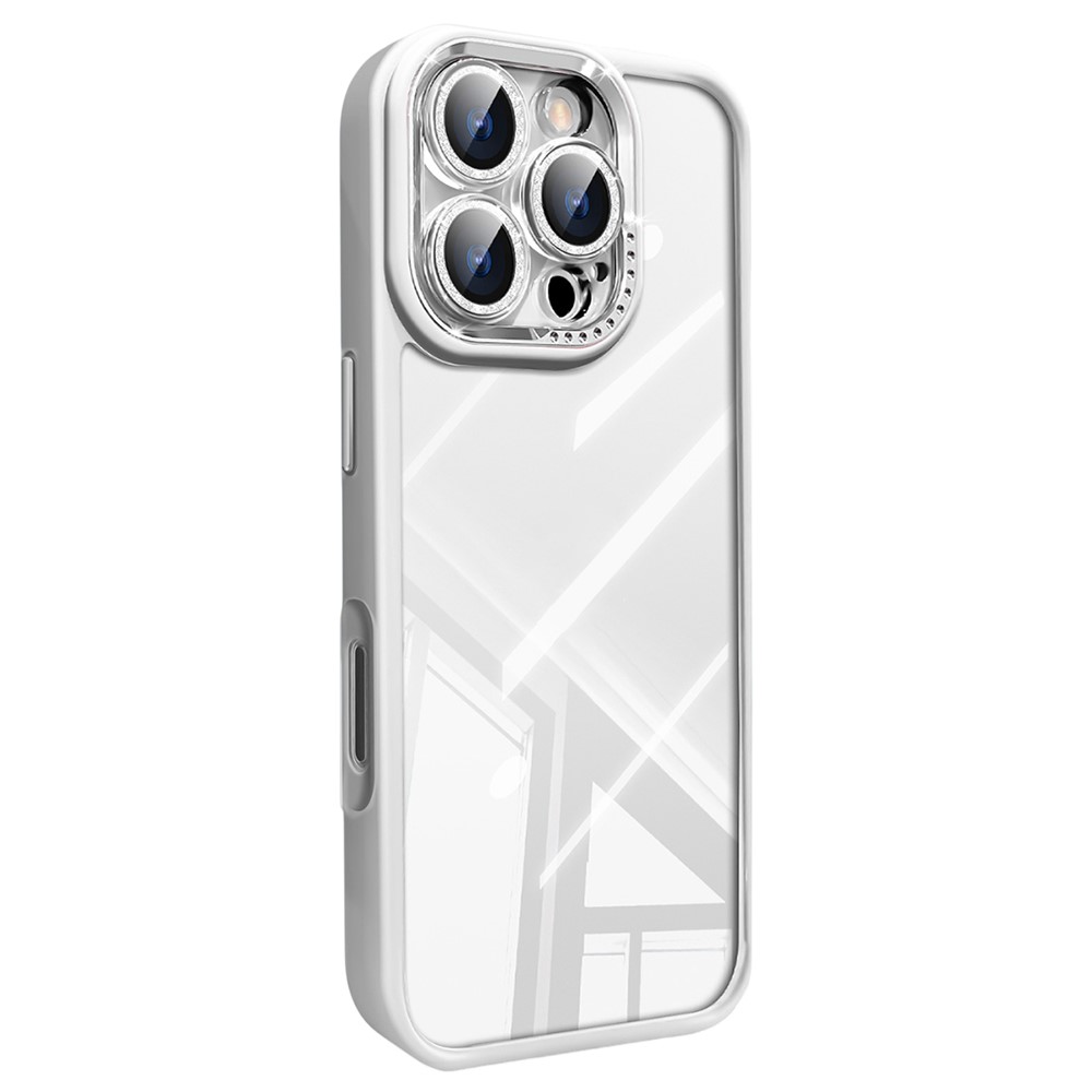 For iPhone 16 Pro Max Case PC + TPU Clear Phone Cover with Glitter Camera Lens Film - White