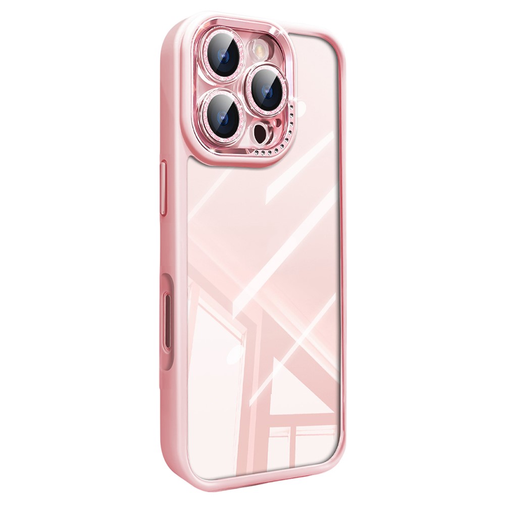 For iPhone 16 Pro Max Case PC + TPU Clear Phone Cover with Glitter Camera Lens Film - Pink