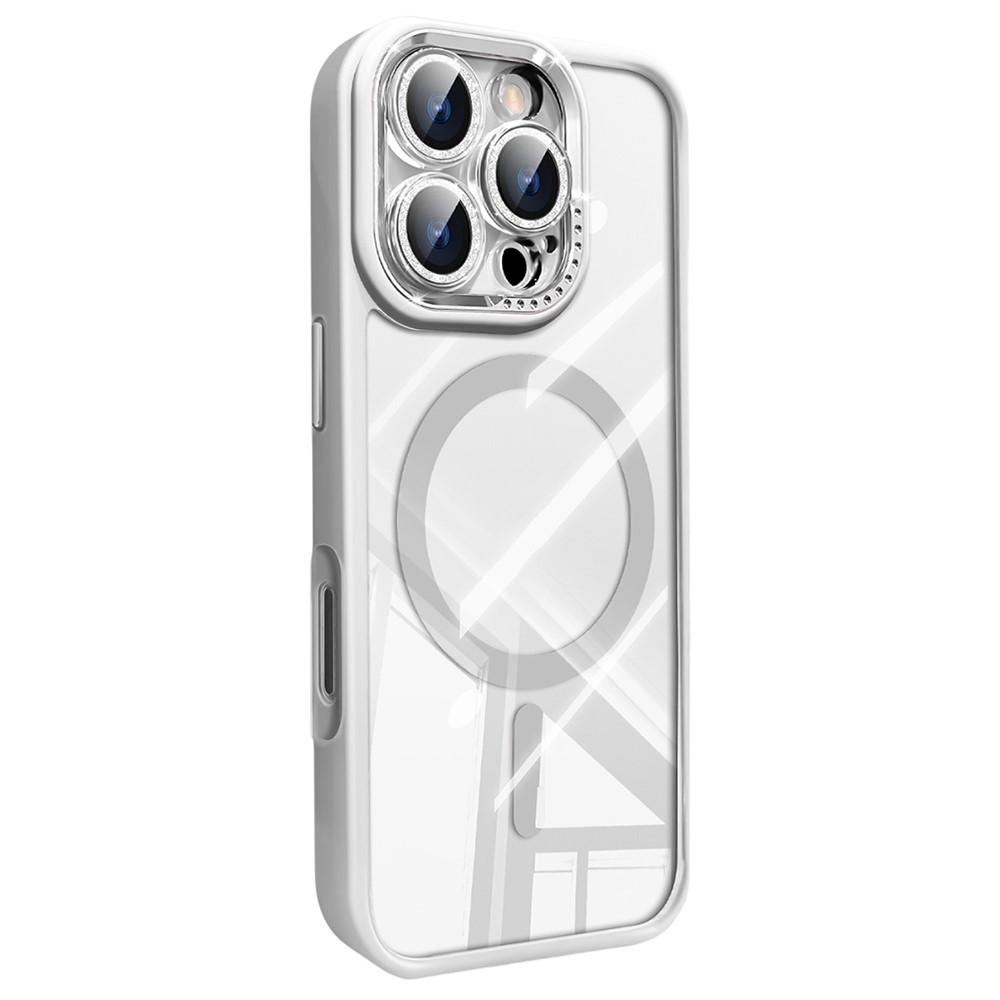 For iPhone 16 Pro Max Case Compatible with MagSafe PC + TPU Clear Phone Cover with Glitter Camera Lens Film - White