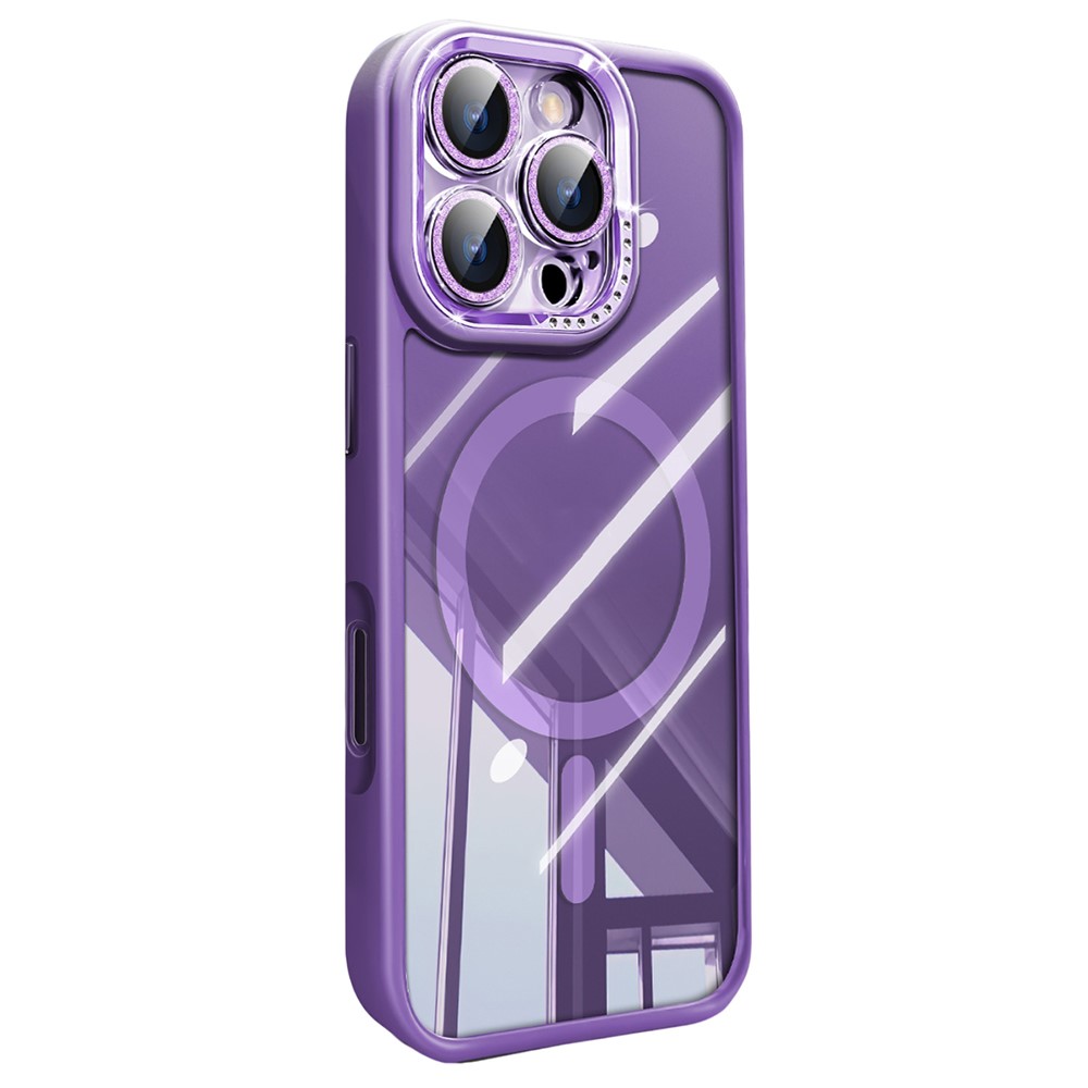 For iPhone 16 Pro Max Case Compatible with MagSafe PC + TPU Clear Phone Cover with Glitter Camera Lens Film - Purple