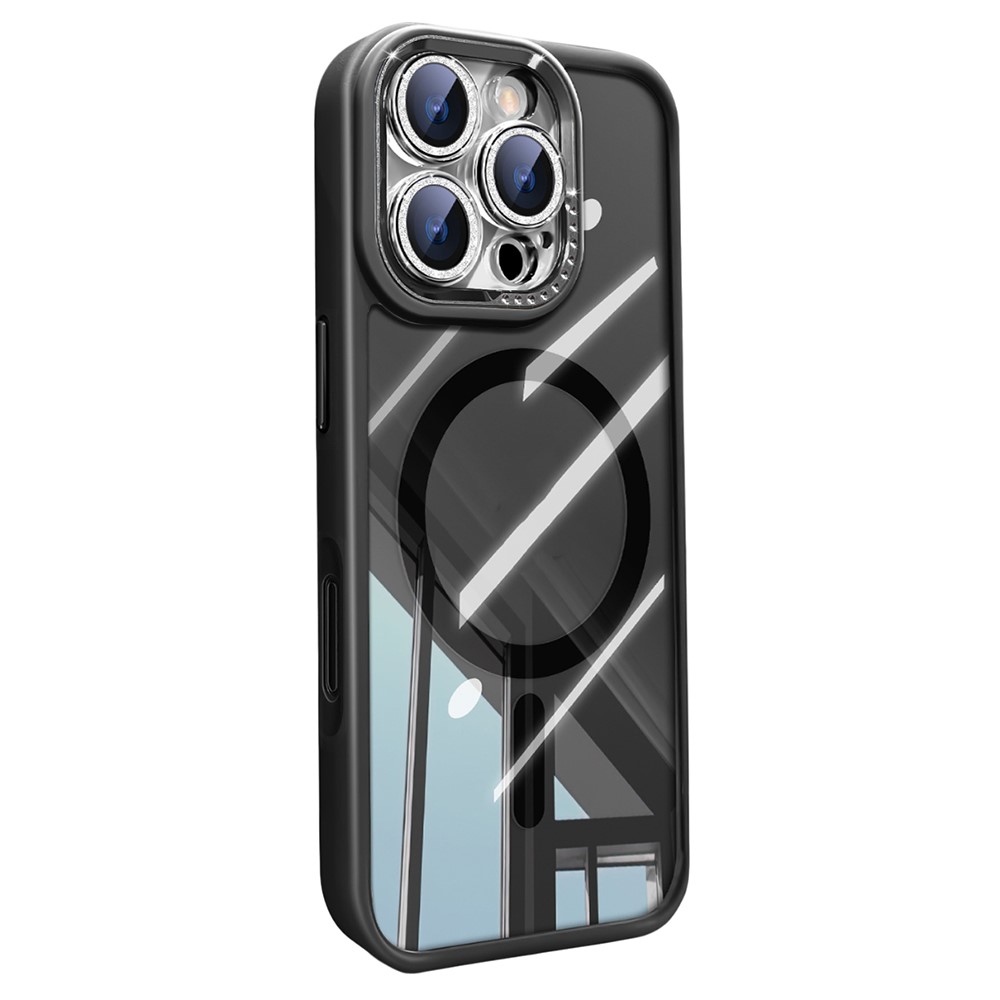 For iPhone 16 Pro Max Case Compatible with MagSafe PC + TPU Clear Phone Cover with Glitter Camera Lens Film - Black