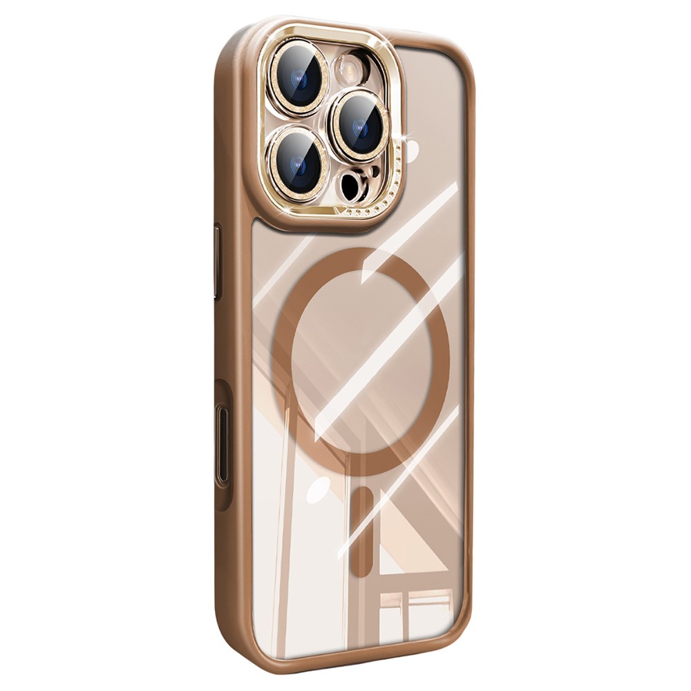 For iPhone 16 Pro Max Case Compatible with MagSafe PC + TPU Clear Phone Cover with Glitter Camera Lens Film - Titanium Gold