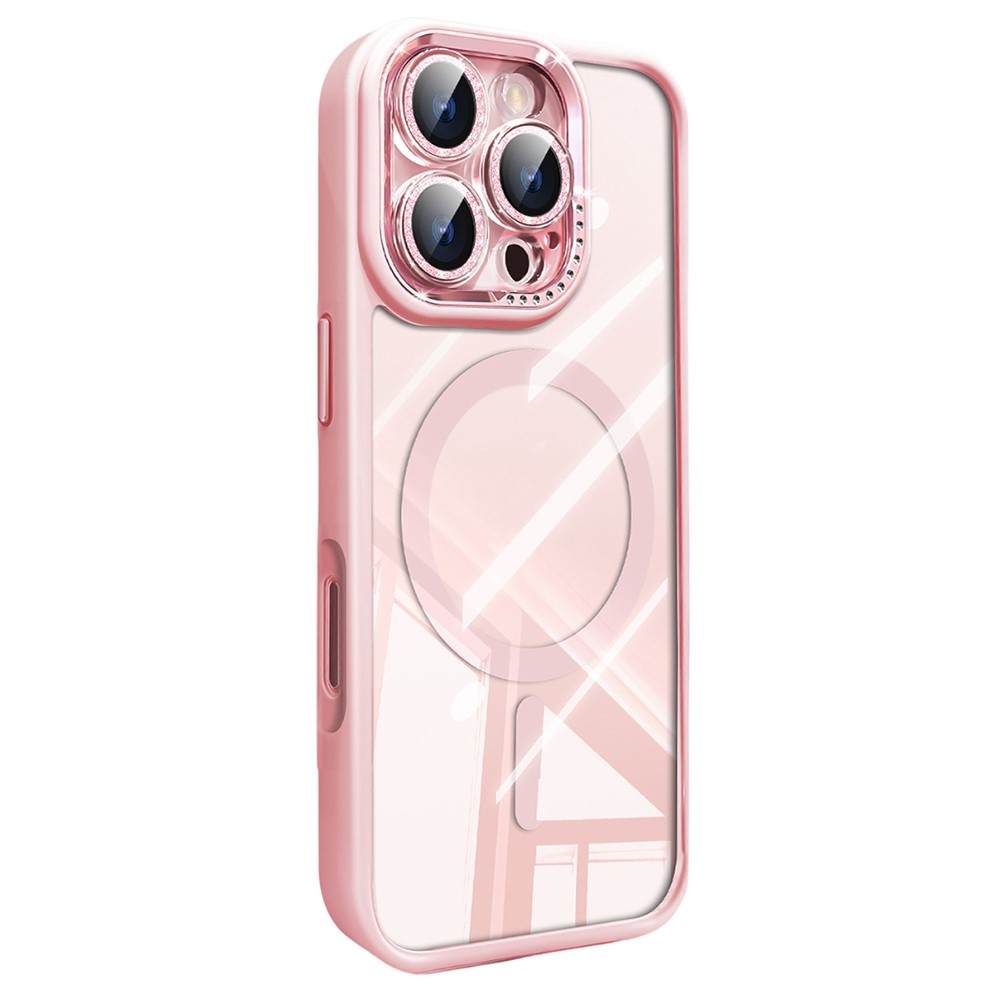For iPhone 16 Pro Max Case Compatible with MagSafe PC + TPU Clear Phone Cover with Glitter Camera Lens Film - Pink