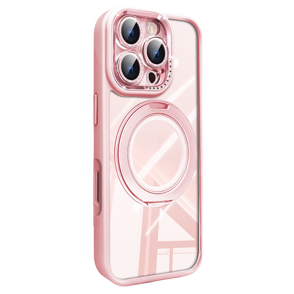 For iPhone 16 Pro Max Case Magnetic Rotating Kickstand PC + TPU Phone Cover with Glitter Camera Lens Film - Pink