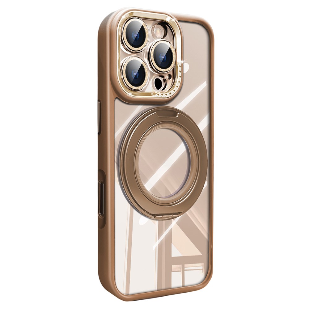 For iPhone 16 Pro Max Case Magnetic Rotating Kickstand PC + TPU Phone Cover with Glitter Camera Lens Film - Titanium Gold