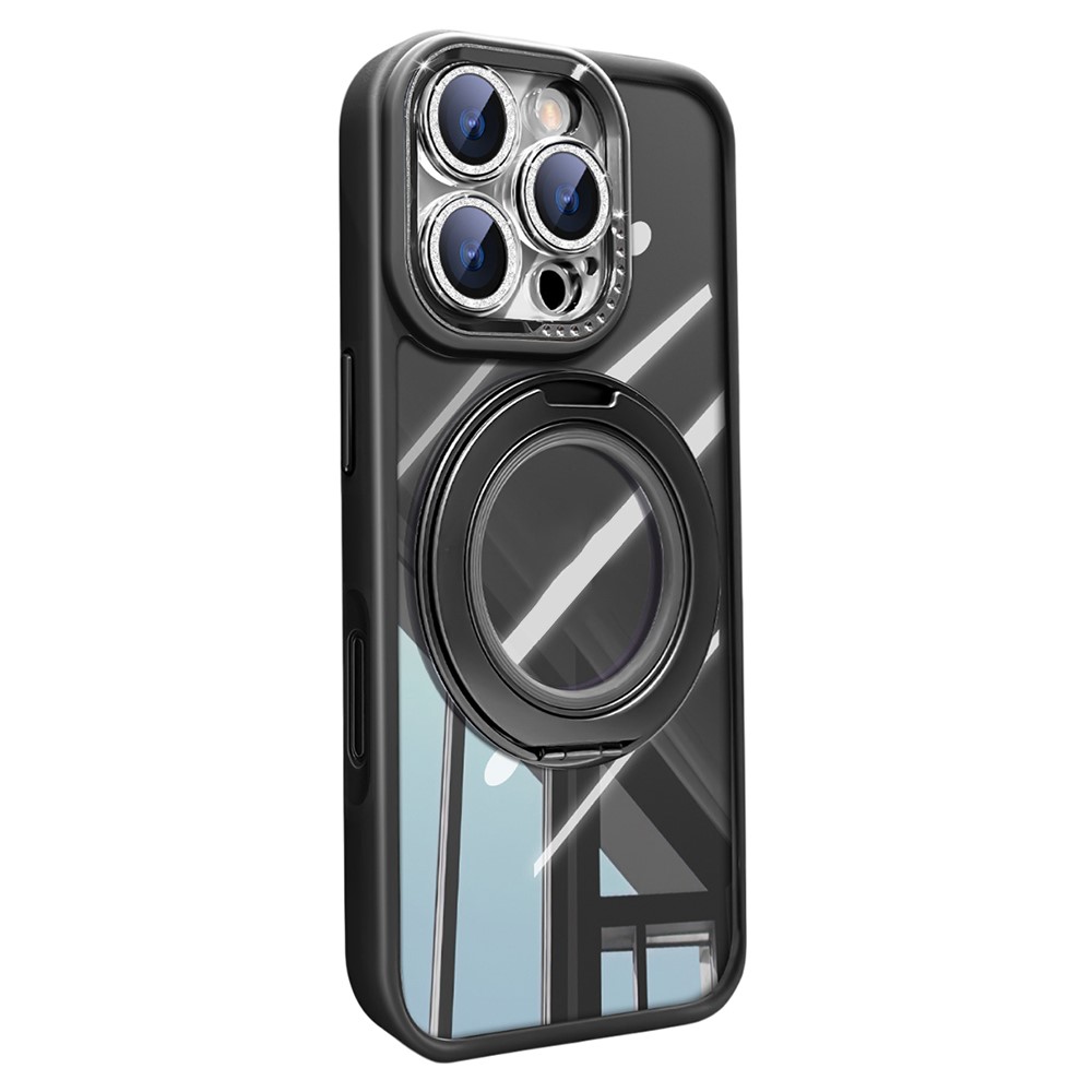 For iPhone 16 Pro Max Case Magnetic Rotating Kickstand PC + TPU Phone Cover with Glitter Camera Lens Film - Black