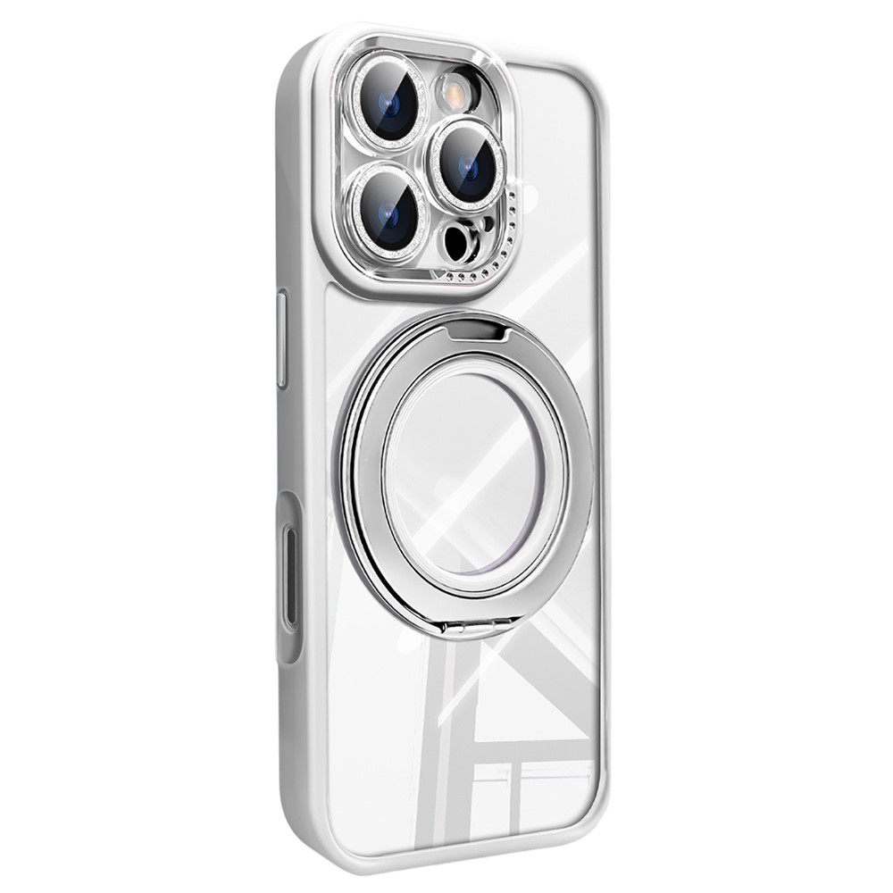 For iPhone 16 Pro Max Case Magnetic Rotating Kickstand PC + TPU Phone Cover with Glitter Camera Lens Film - White