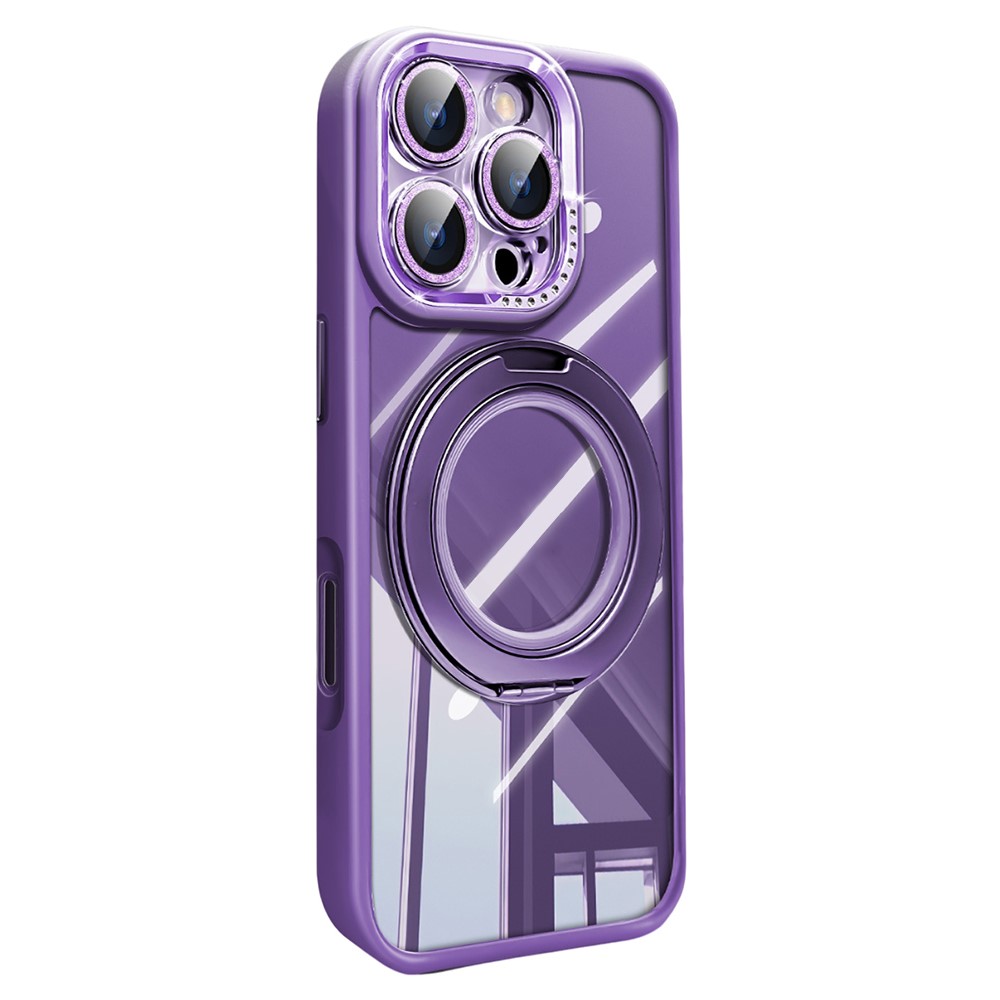 For iPhone 16 Pro Max Case Magnetic Rotating Kickstand PC + TPU Phone Cover with Glitter Camera Lens Film - Purple