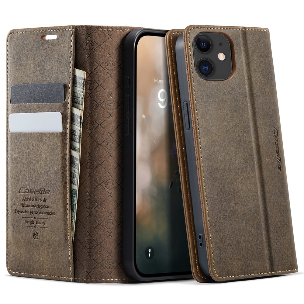 For iPhone 12 mini 5.4 inch Case CASEME 033 Series RFID Blocking Wallet Stand Calf Texture Leather Phone Cover - Coffee
