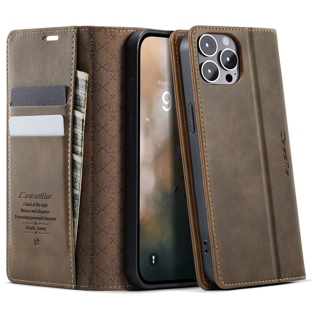 For iPhone 12 Pro Max 6.7 inch Case CASEME 033 Series RFID Blocking Wallet Stand Calf Texture Leather Phone Cover - Coffee