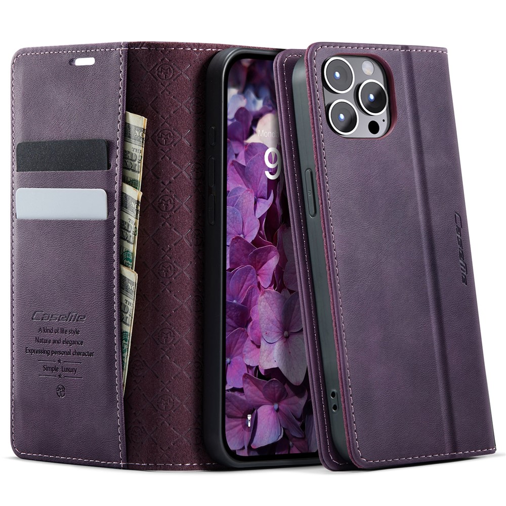 For iPhone 12 Pro Max 6.7 inch Case CASEME 033 Series RFID Blocking Wallet Stand Calf Texture Leather Phone Cover - Purple