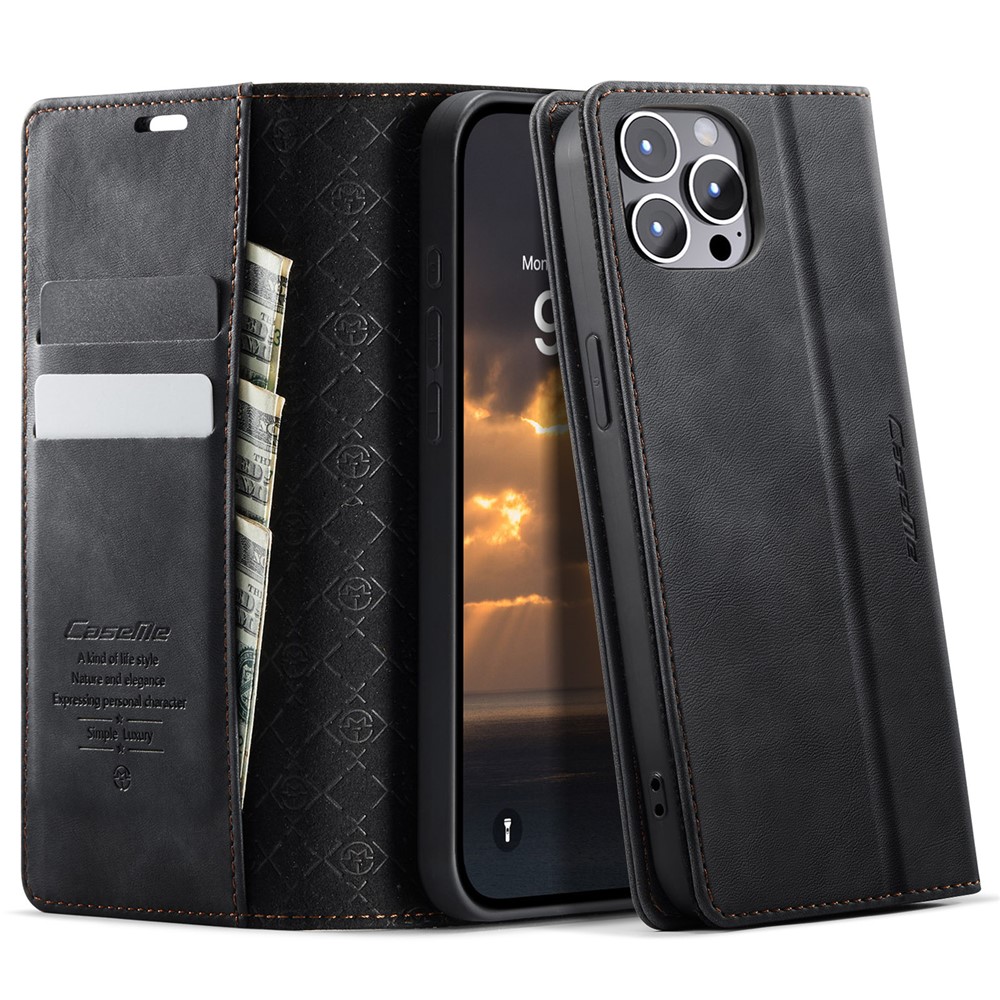 For iPhone 12 Pro 6.1 inch / iPhone 12 6.1 inch Case CASEME 033 Series RFID Blocking Wallet Stand Calf Texture Leather Phone Cover - Black