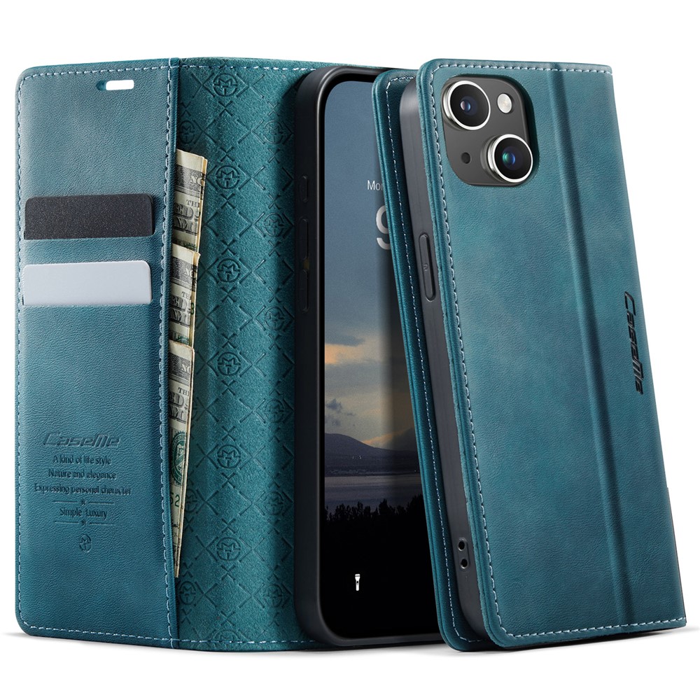 For iPhone 13 6.1 inch Case CASEME 033 Series RFID Blocking Wallet Stand Calf Texture Leather Phone Cover - Green
