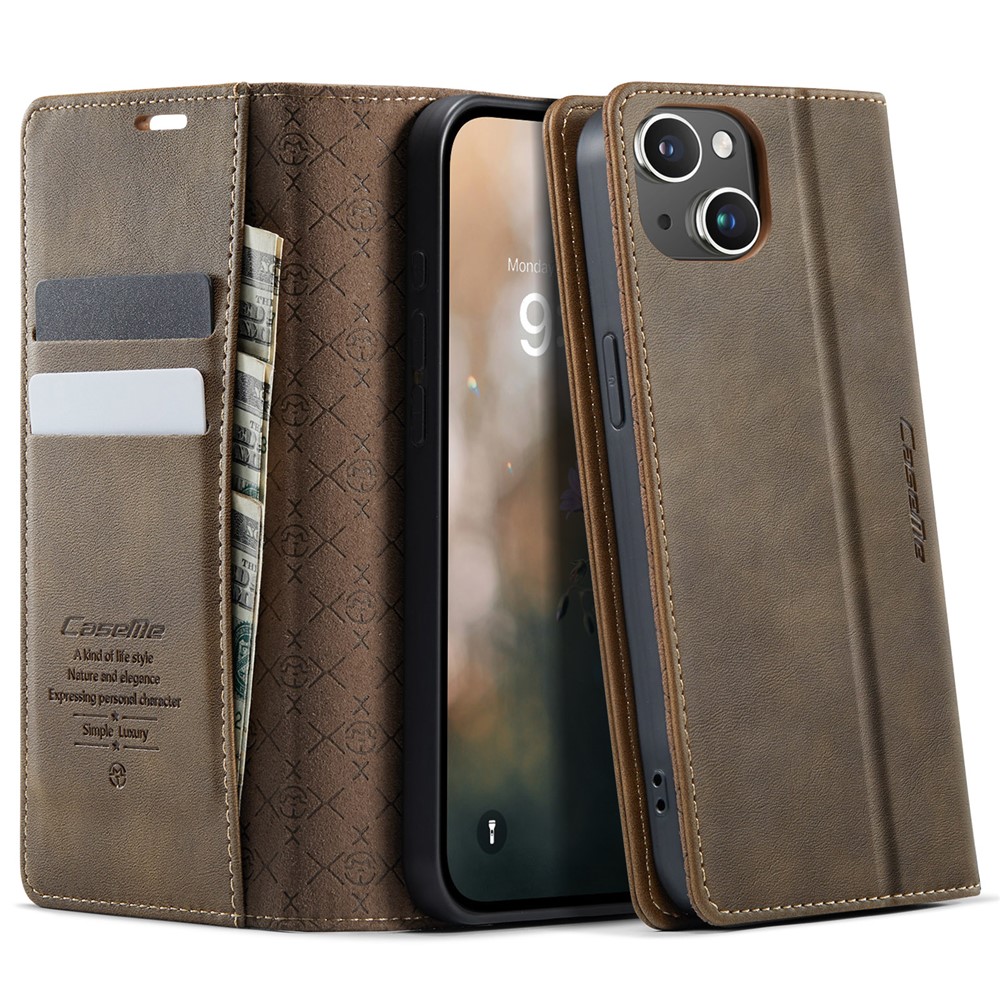 For iPhone 13 6.1 inch Case CASEME 033 Series RFID Blocking Wallet Stand Calf Texture Leather Phone Cover - Coffee