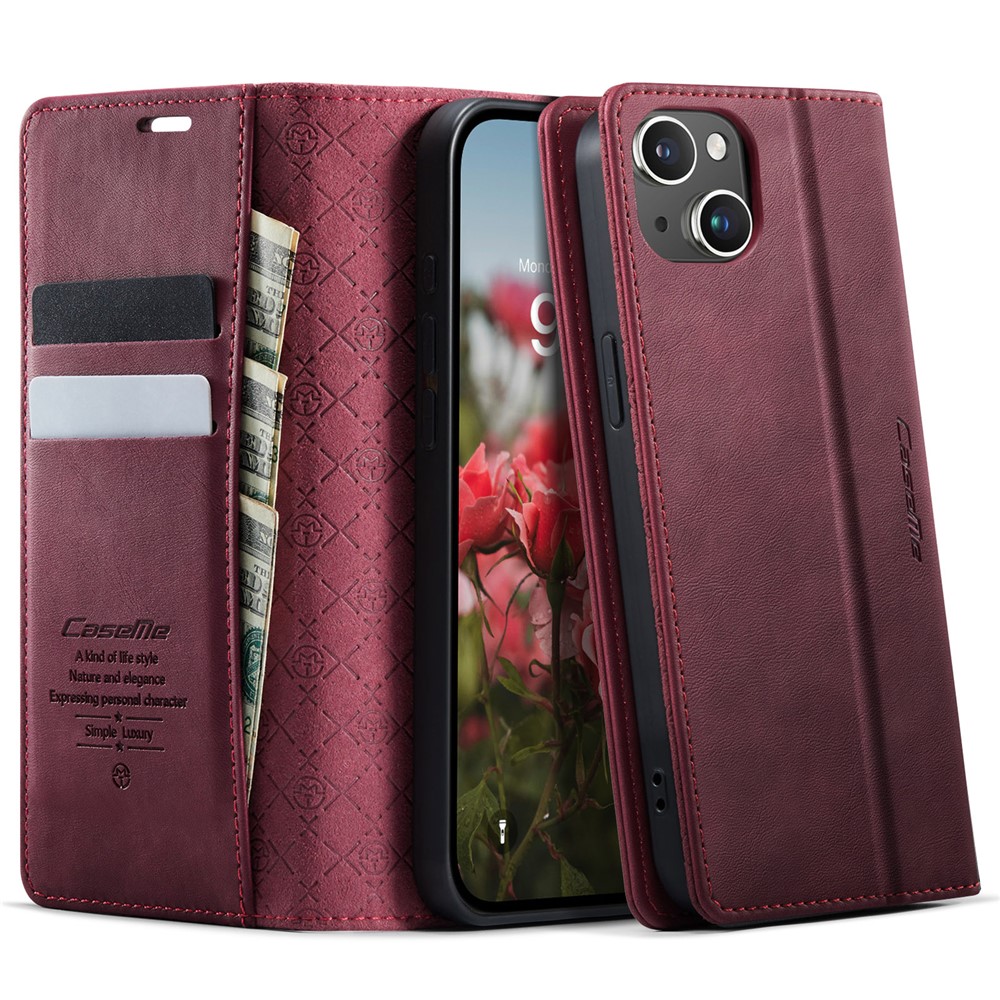 For iPhone 13 mini 5.4 inch Case CASEME 033 Series RFID Blocking Wallet Stand Calf Texture Leather Phone Cover - Red