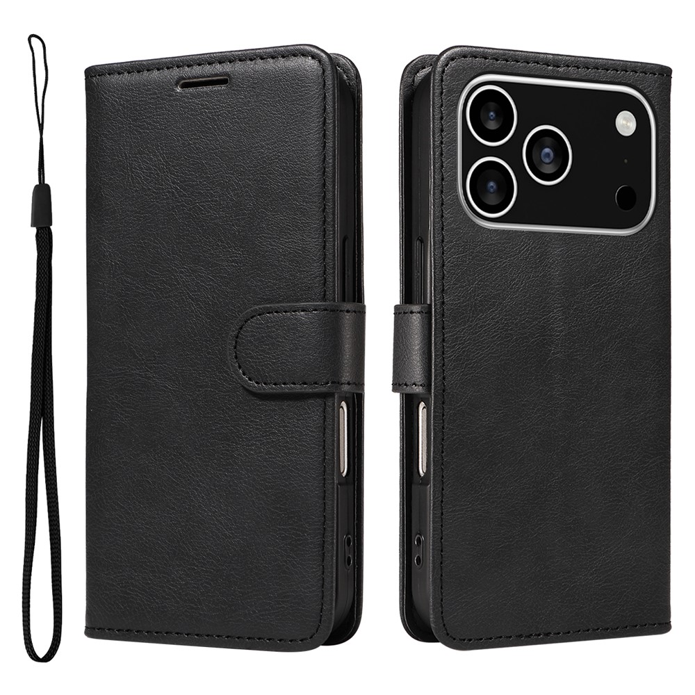For iPhone 17 Pro Leather Wallet Case with Strap Solid Color Phone Stand Cover - Black
