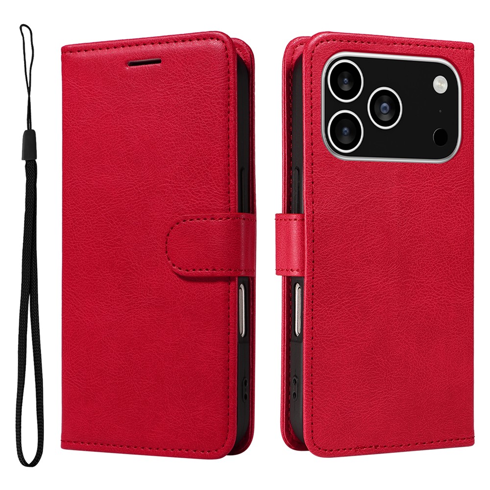 For iPhone 17 Pro Leather Wallet Case with Strap Solid Color Phone Stand Cover - Red