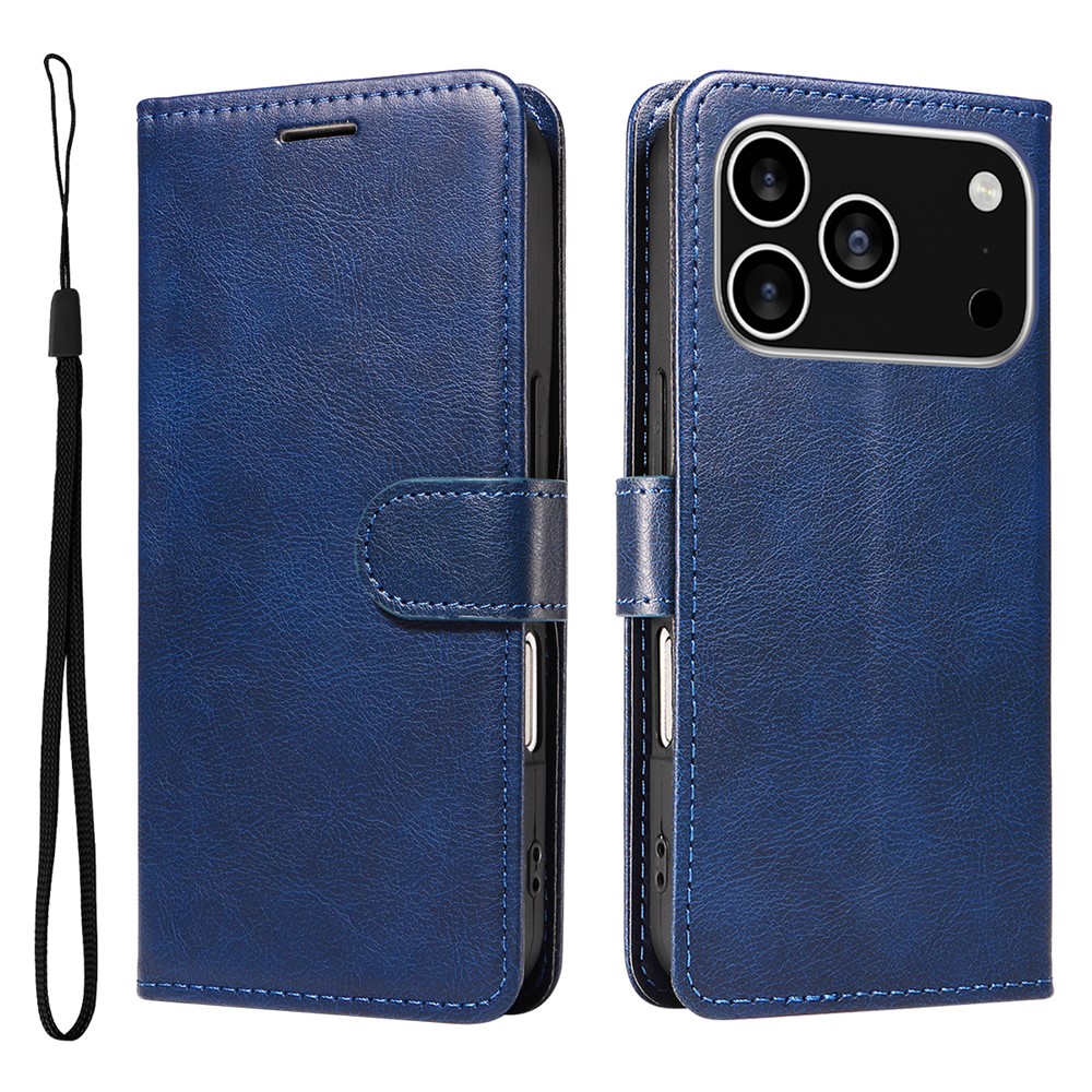 For iPhone 17 Pro Leather Wallet Case with Strap Solid Color Phone Stand Cover - Blue