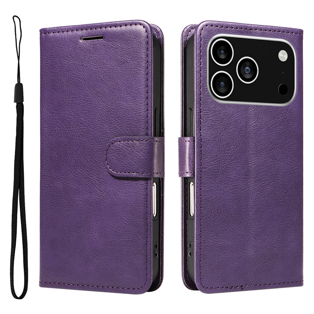 For iPhone 17 Pro Leather Wallet Case with Strap Solid Color Phone Stand Cover - Purple
