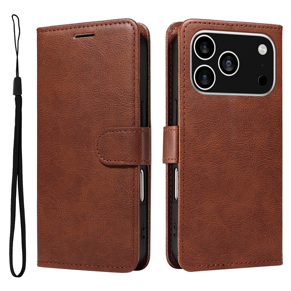 For iPhone 17 Pro Leather Wallet Case with Strap Solid Color Phone Stand Cover - Brown