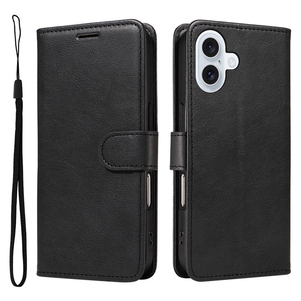 For iPhone 17 Leather Wallet Case with Strap Solid Color Phone Stand Cover - Black
