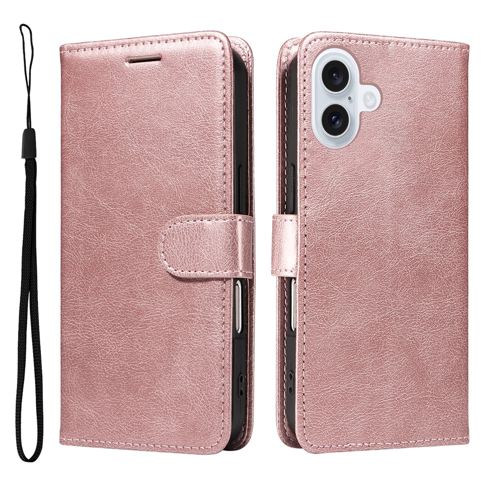 For iPhone 17 Leather Wallet Case with Strap Solid Color Phone Stand Cover - Rose Gold