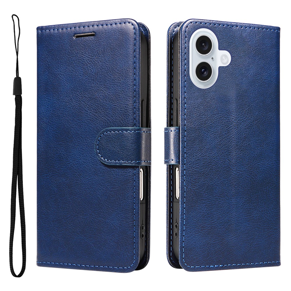 For iPhone 17 Leather Wallet Case with Strap Solid Color Phone Stand Cover - Blue