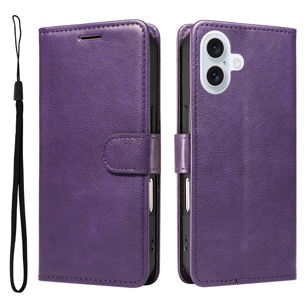 For iPhone 17 Leather Wallet Case with Strap Solid Color Phone Stand Cover - Purple