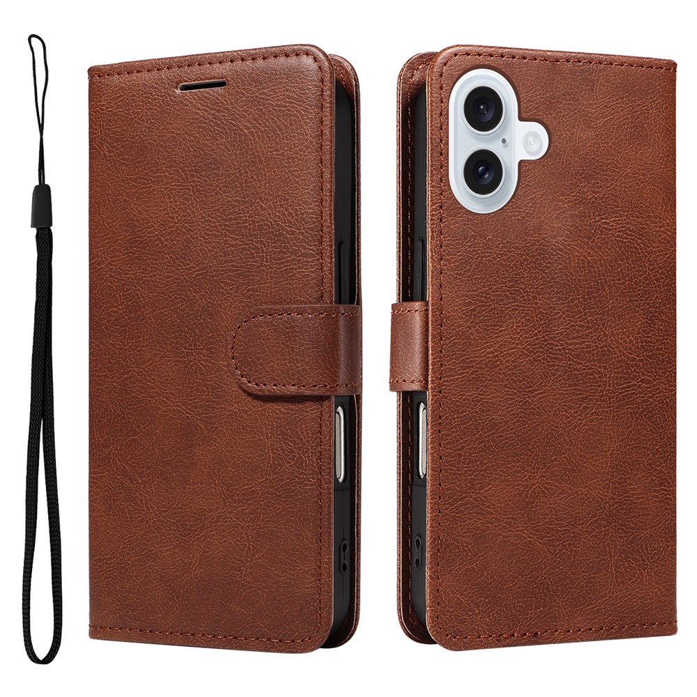 For iPhone 17 Leather Wallet Case with Strap Solid Color Phone Stand Cover - Brown