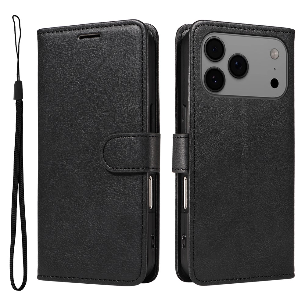 For iPhone 17 Pro Max Leather Wallet Case with Strap Solid Color Phone Stand Cover - Black