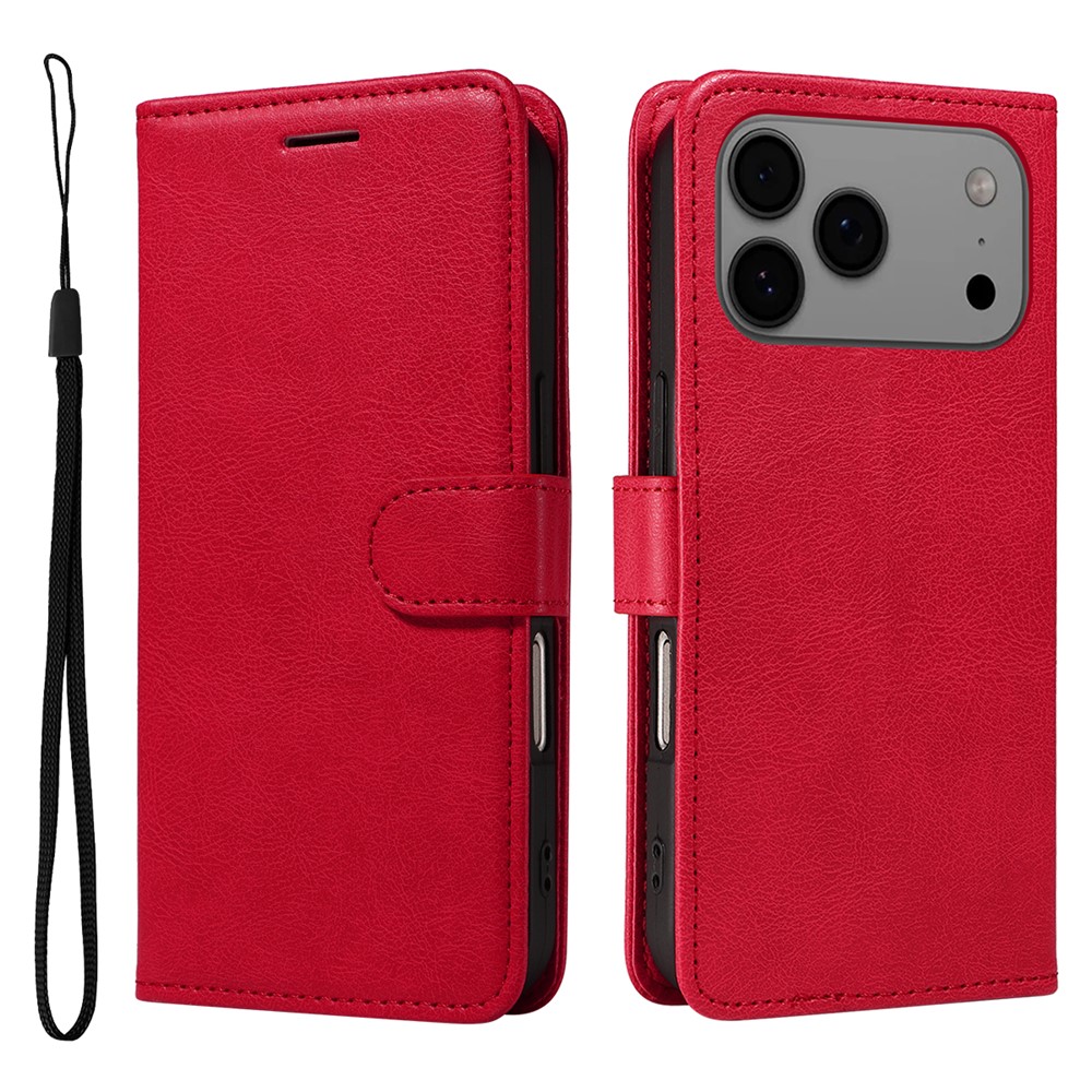 For iPhone 17 Pro Max Leather Wallet Case with Strap Solid Color Phone Stand Cover - Red
