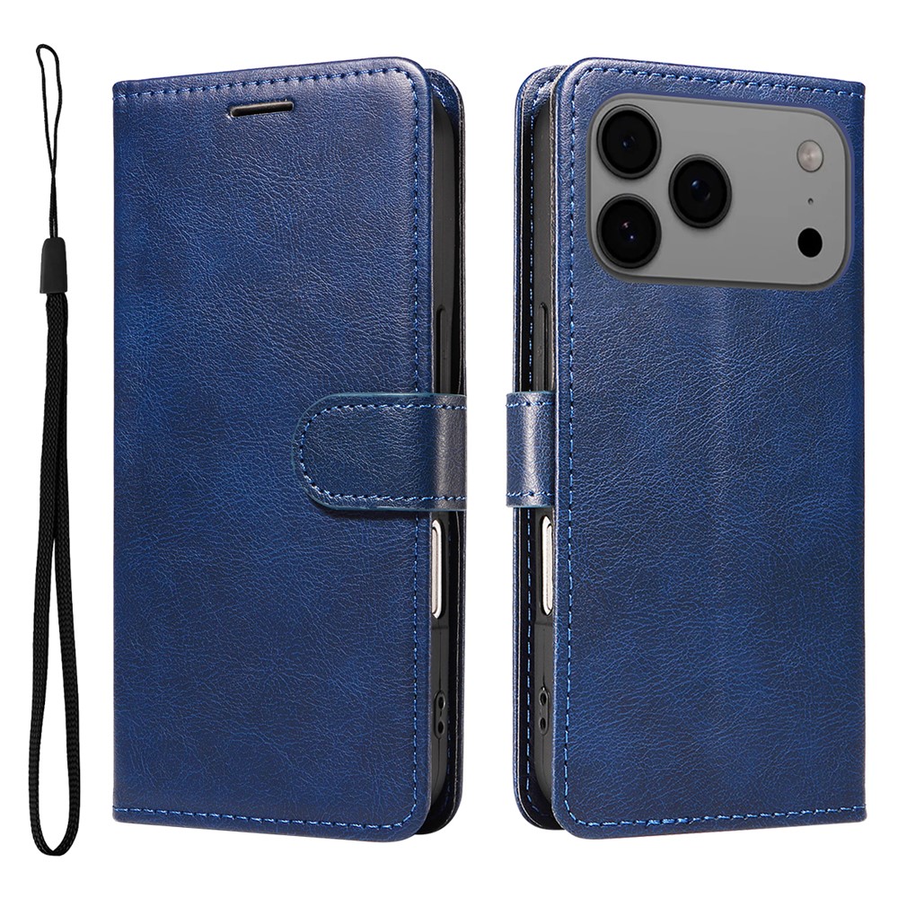 For iPhone 17 Pro Max Leather Wallet Case with Strap Solid Color Phone Stand Cover - Blue