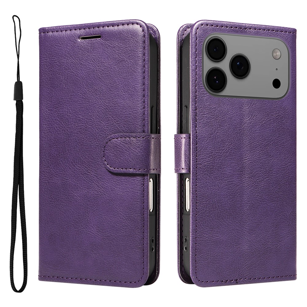 For iPhone 17 Pro Max Leather Wallet Case with Strap Solid Color Phone Stand Cover - Purple