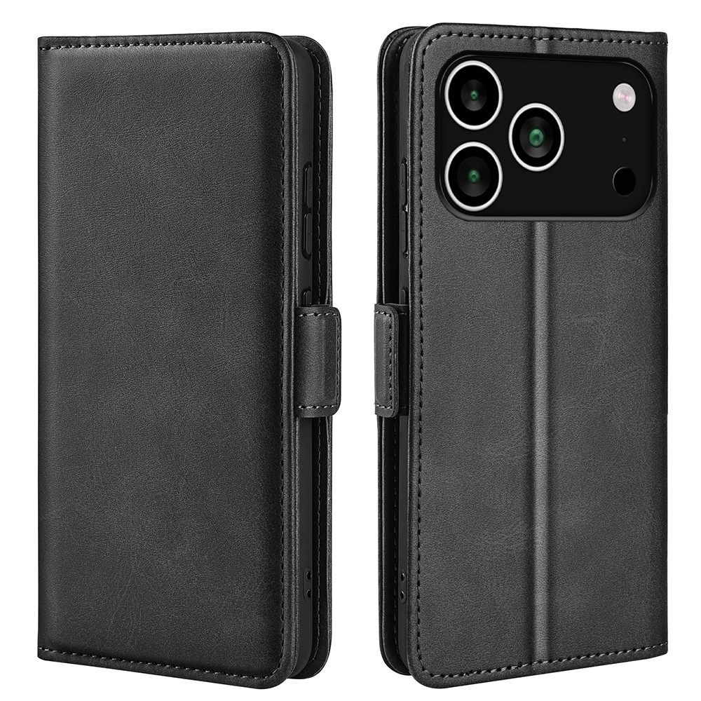 For iPhone 17 Pro Case Calf Texture Leather Wallet Phone Cover - Black