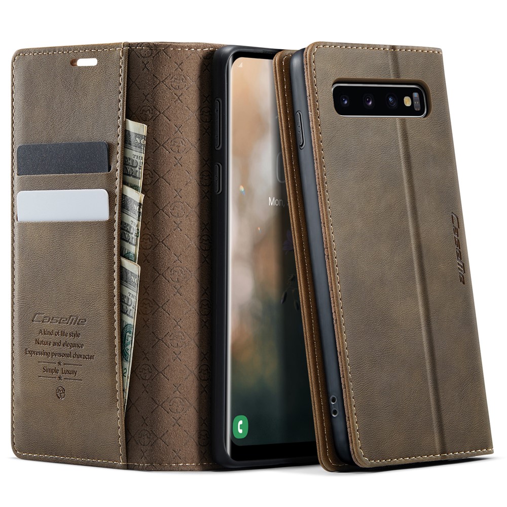 CASEME For Samsung Galaxy S10 Case  033 Series RFID Blocking Wallet Stand Calf Texture Leather Phone Cover - Coffee