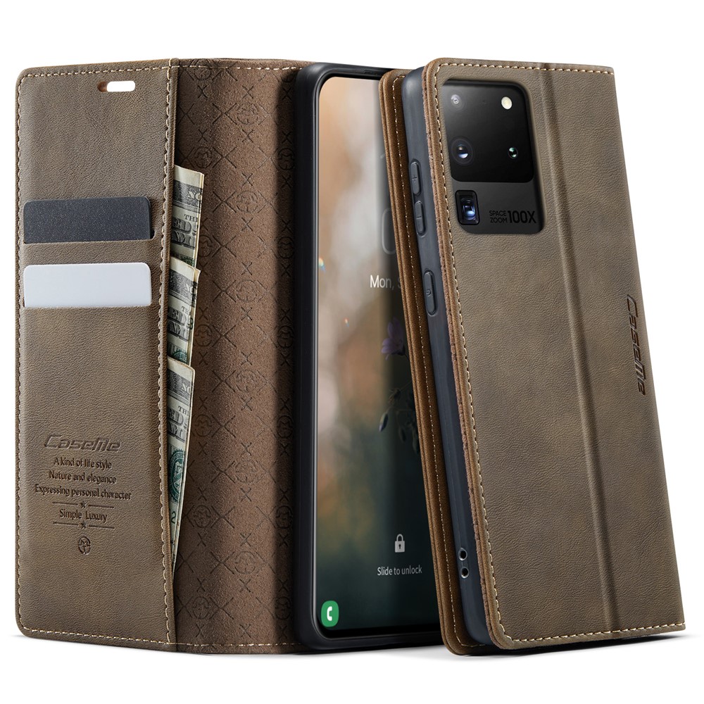 CASEME For Samsung Galaxy S20 Ultra Case  033 Series RFID Blocking Wallet Stand Calf Texture Leather Phone Cover - Coffee