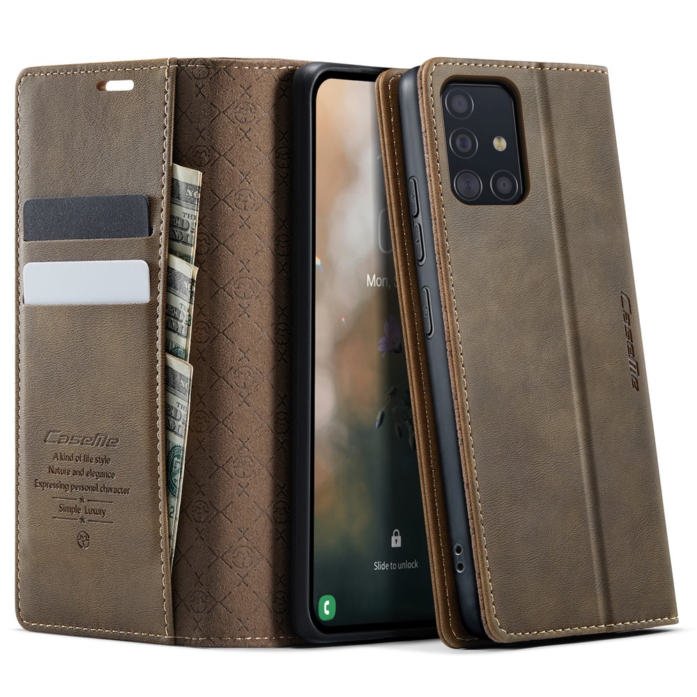 CASEME For Samsung Galaxy A51 4G SM-A515 Case  033 Series RFID Blocking Wallet Stand Calf Texture Leather Phone Cover - Coffee