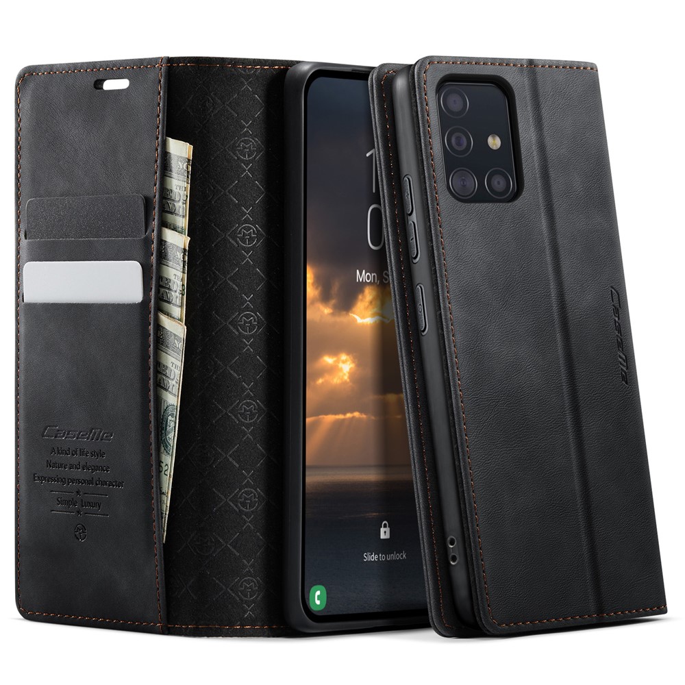 CASEME For Samsung Galaxy A51 4G SM-A515 Case 033 Series RFID Blocking Wallet Stand Calf Texture Leather Phone Cover - Black